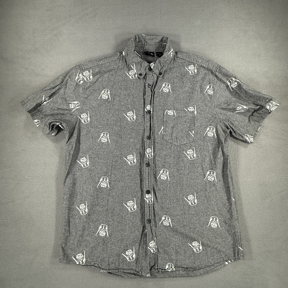 Star Wars Shirt Mens Large Gray Chambray Button Down Short Sleeve Darth Vader